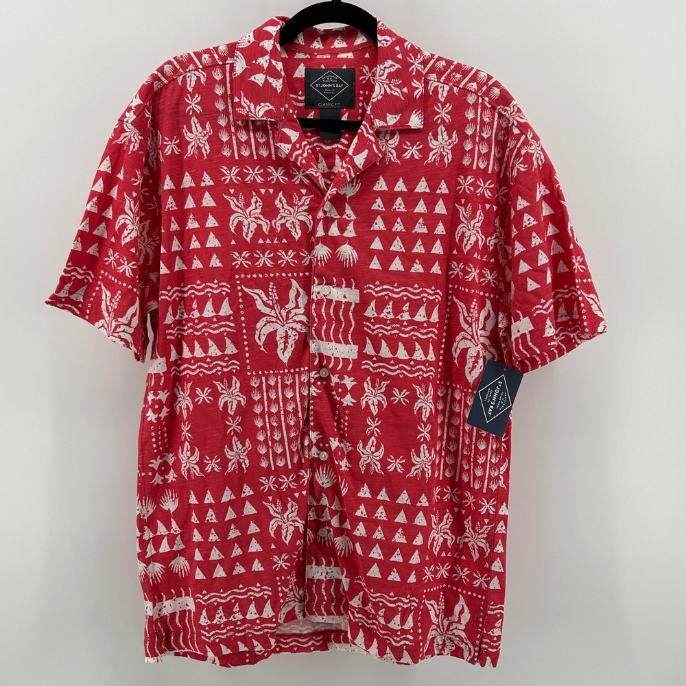 St John's Bay Red White Tropical Hawaiian Aloha Shirt Classic Fit Men Medium NWT